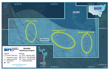 Antimony prospects in southern parts of the Windfall Project, location with historical workings and occurrences on geology.
