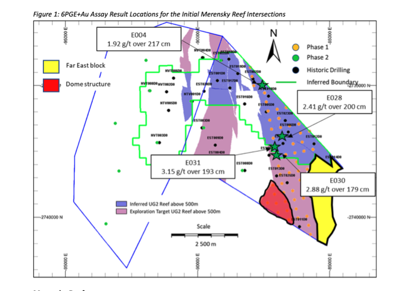 Geological Map of PGE and gold Assay Result Locations for the Initial Merensky Reef Intersections