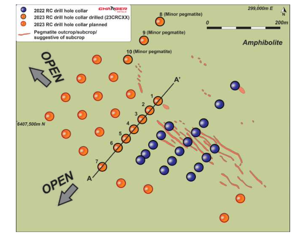Medcalf Spodumene Prospect showing mapped pegmatite, completed and proposed drill collars relative to the surface mapped pegmatite swarm.