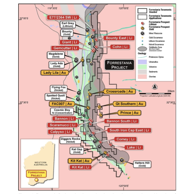 Geologic Map showing drilling prospects at the Forrestania lithium focused project in Western Australia.