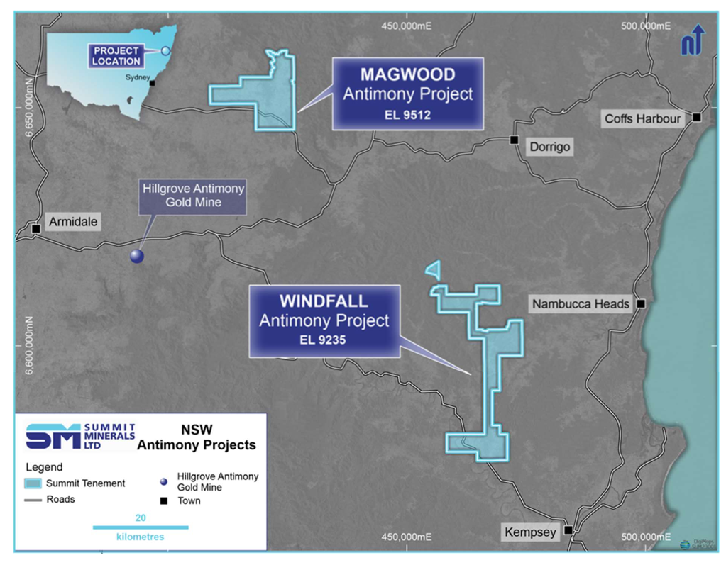 Geological Map showing Summit Minerals newly acquired Magwood tenement location (EL9512) relative to the Windfall license (EL9235) and Hillgrove Antimony Gold Mine.