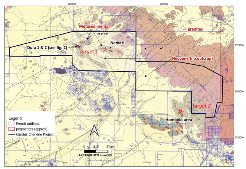 Geology map of Chenene Lithium Project across 4 PL’s (combined 300 km2) - showing location of the Dulu area and known pegmatites