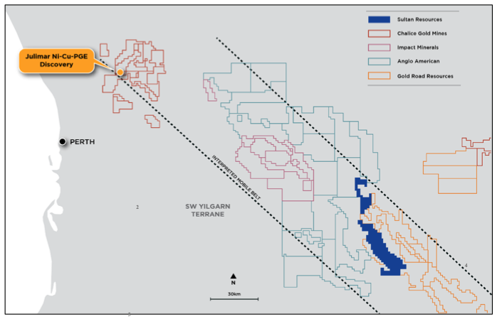 Geological Map of Sultan’s Lake Grace portfolio of tenements in relation to the tenement 1positions of Anglo American (blue outline), Impact Minerals (maroon outline) and the Gold Road Resources/Cygnus Gold JV (orange outline). All of Sultan’s tenure lies within an interpreted mobile zone prospective for Ni-Cu mineralisation as postulated by Impact Minerals Ltd (see Impact Minerals announcement dated 10/06/2020). The Kulin Hill Project is situated at the northern most end of the Sultan tenure.