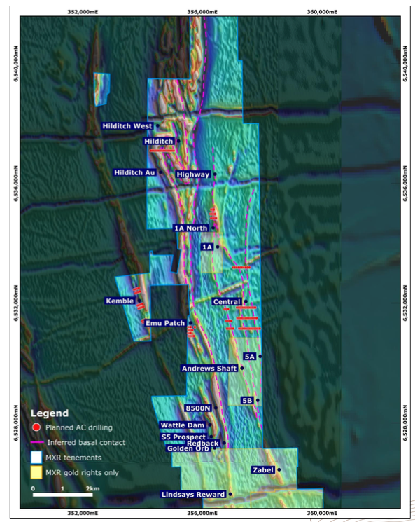 Geological Map showing multi-target gold and nickel drill programme locations over magnetic survey.