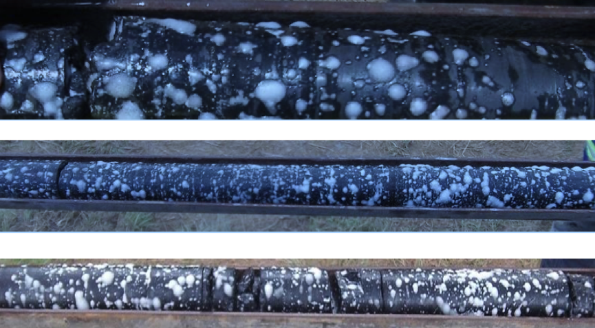 Core well rod showing 270-23C visible gas emissions observed from core samples at depths between 380-390m
