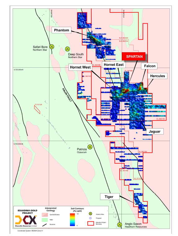 Geological Map of gold in soil results within the Edjudina Project.