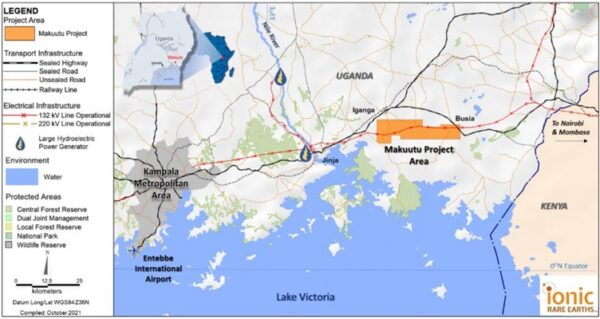 A map showing the project location of Makuutu near the northern edge of Lake Victoria.
