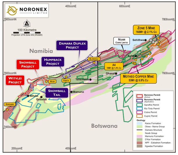 Geological Map showing tenement holdings and new applications on the Botswana border