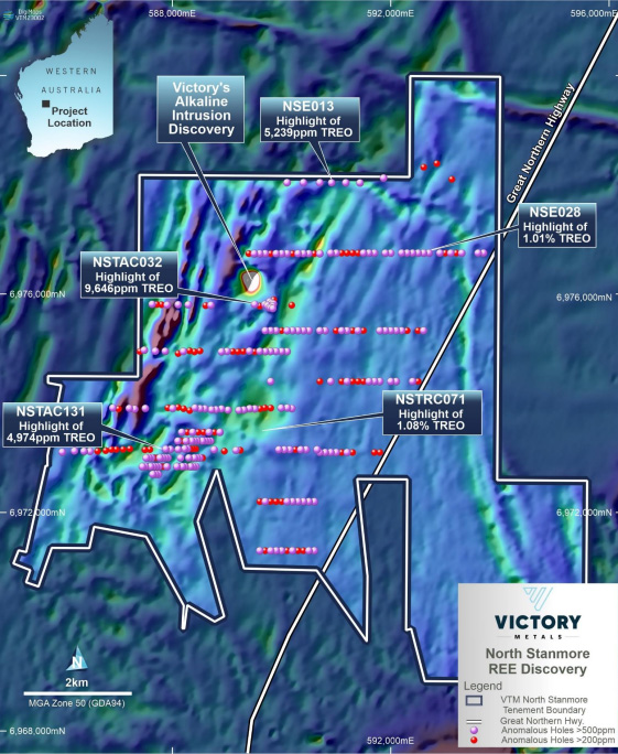 Map of of AC drill holes locations with anomalous elements exceeding 200ppm and wide distribution of highlighted assays. 