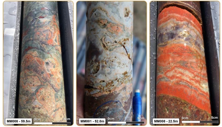 Hole cores showing low sulphidation epithermal textured veins and breccia