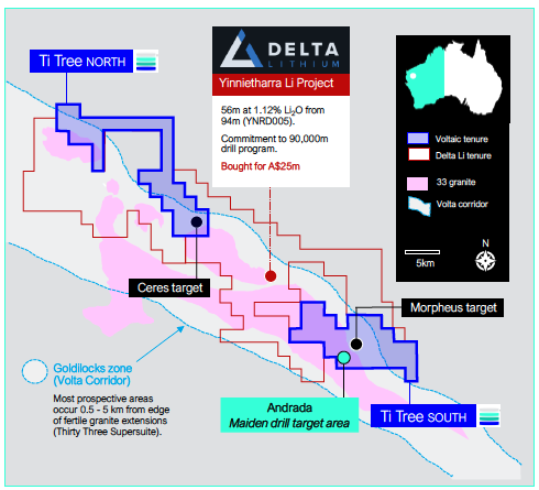 Ti Tree project tenement map. Neighbour Delta Lithium’s Yinnietharra tenure also shown.