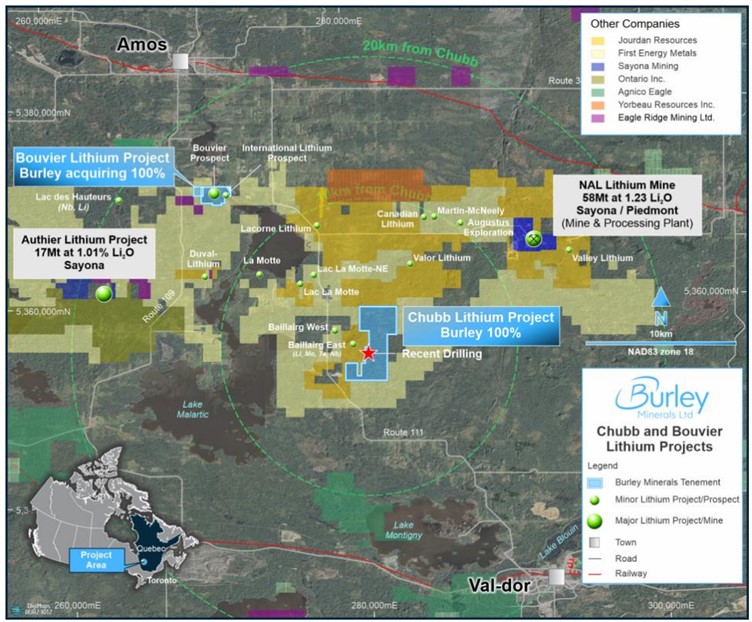 A location map of the Chubb and Bouvier Lithium showing proximity to the nearby NAL lithium mine and other company prospects