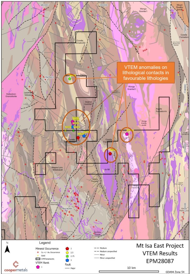 A map showing the location of VTEM anomalies on EPM28087 over geology