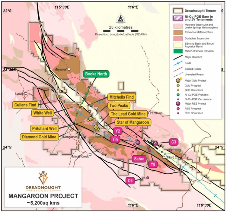 Plan view map of Mangaroon showing the location of gold, nickel and REE prospects in relation to major structures, geology and roads.