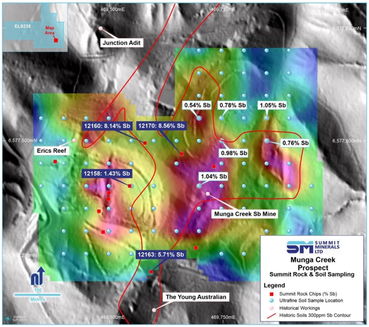 Soil and Rock Chip Sample locations draped over imaged multielement geochemistry