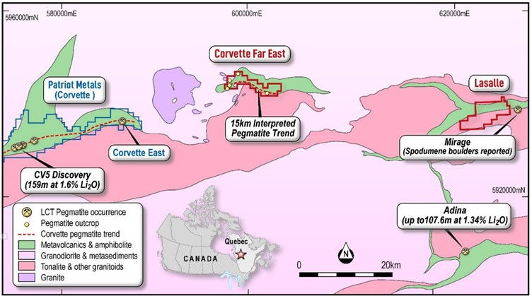 Simplified bedrock geology map of the James Bay district showing the location of the Corvette Far East and Lasalle Projects held by Cosmos in relation to the Patriot Battery Metals CV5 discovery.