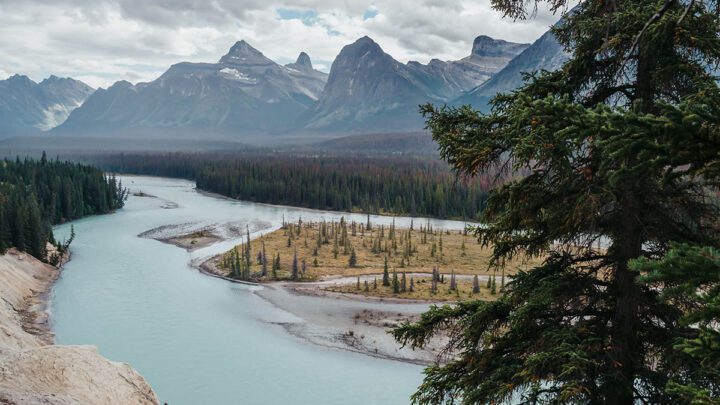 Sweeping views of the mountain peaks of the Canadian Rockies tow