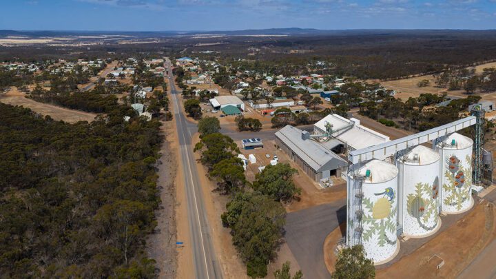 Ravensthorpe Western Australia Noveber 11th 2019 : Aerial view of the grain silos and town of Ravensthorpe on the South Coast Highway, Western Australia