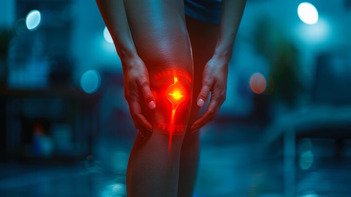 Focused depiction of an athlete experiencing knee pain highlight