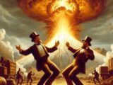 An AI image show two mining explorers dancing a doo-ron ron in front of an exploding Krakatoa