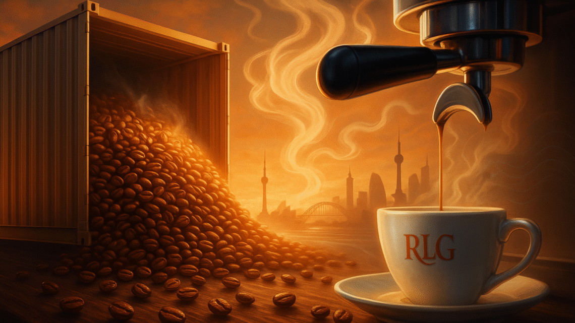 Espresso machine pours into an RLG cup beside a container of coffee beans, with steam forming Shanghai and Sydney skylines.