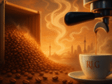 Espresso machine pours into an RLG cup beside a container of coffee beans, with steam forming Shanghai and Sydney skylines.