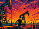 Comic-book style illustration of an oil and gas field at sunset, featuring large pumpjacks in motion, glowing pipelines winding across the ground, silhouetted workers in safety gear, dramatic streaks of orange, violet and magenta clouds, and a flock of birds flying across the sky.