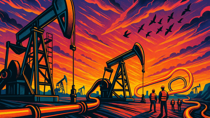 Comic-book style illustration of an oil and gas field at sunset, featuring large pumpjacks in motion, glowing pipelines winding across the ground, silhouetted workers in safety gear, dramatic streaks of orange, violet and magenta clouds, and a flock of birds flying across the sky.