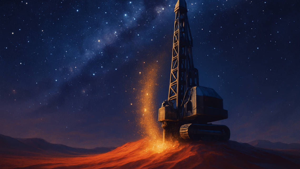 A cinematic digital painting of a tall drill rig resembling a rocket standing on glowing red-sand dunes under a vast starry night sky. Golden dust rises from the drill into the air, blending with the indigo and violet tones of the cosmos, where countless stars and the Milky Way stretch across the scene. The rig has subtle metallic textures and is softly lit, creating a dreamlike fusion of desert mining and outer space.