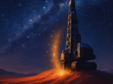 A cinematic digital painting of a tall drill rig resembling a rocket standing on glowing red-sand dunes under a vast starry night sky. Golden dust rises from the drill into the air, blending with the indigo and violet tones of the cosmos, where countless stars and the Milky Way stretch across the scene. The rig has subtle metallic textures and is softly lit, creating a dreamlike fusion of desert mining and outer space.