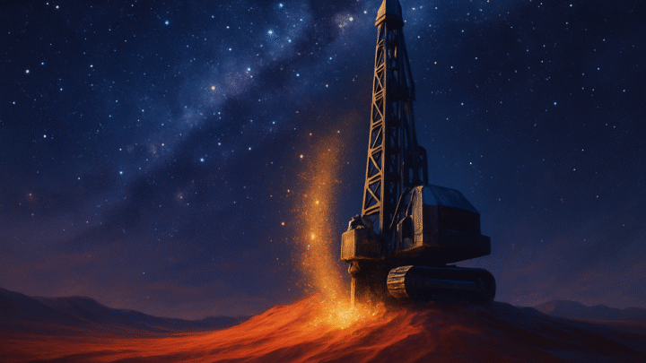 A cinematic digital painting of a tall drill rig resembling a rocket standing on glowing red-sand dunes under a vast starry night sky. Golden dust rises from the drill into the air, blending with the indigo and violet tones of the cosmos, where countless stars and the Milky Way stretch across the scene. The rig has subtle metallic textures and is softly lit, creating a dreamlike fusion of desert mining and outer space.